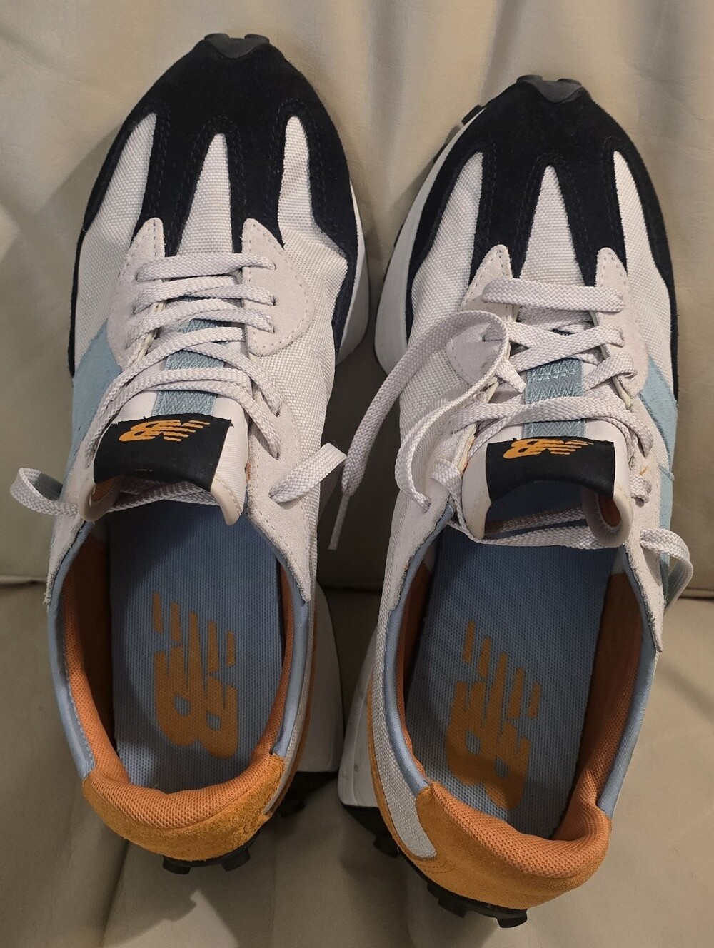 New Balance 327 White Orange Blue Black Suede Moonbeam Madras Sneakers, Men's 10 - Picture 8 of 13